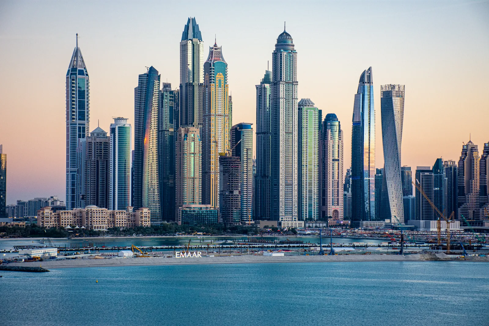 Waterfront towers and hotel skyline in Dubai Marina