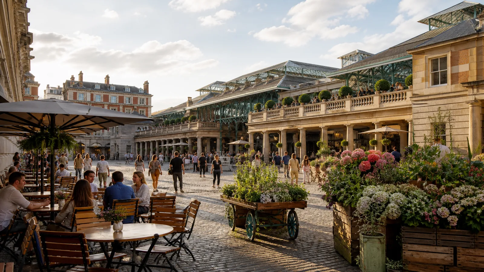 Historic market buildings and flower displays at Covent Garden London
