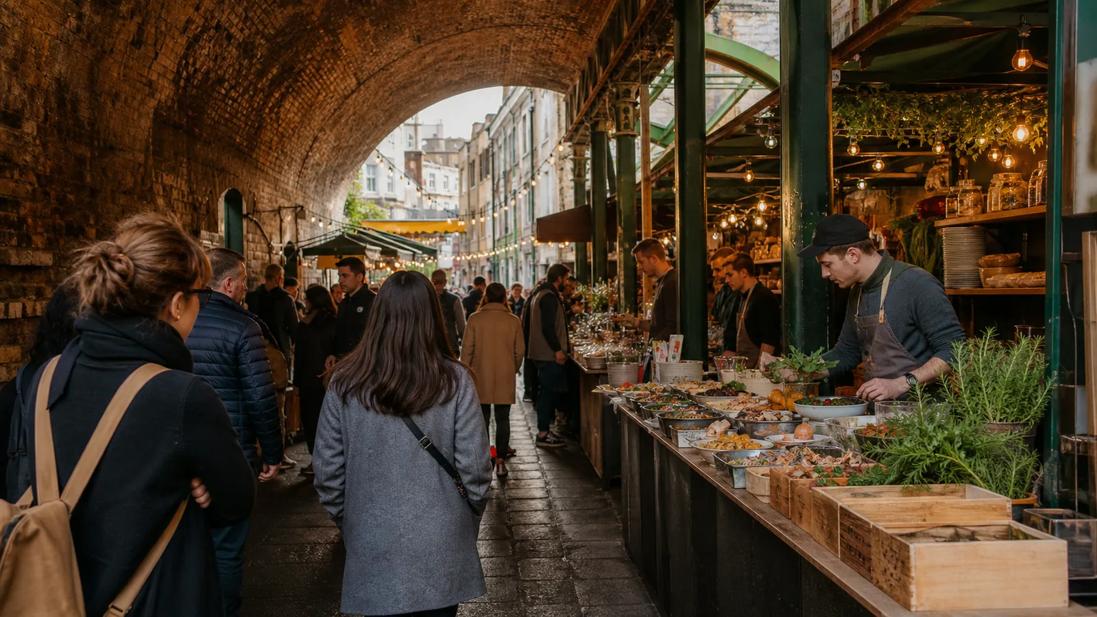 Food stalls beneath the railway arches at Borough Market London