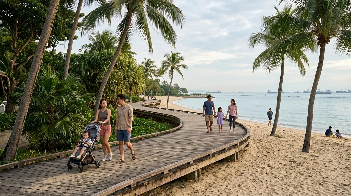 Families walking Sentosa beach in Singapore
