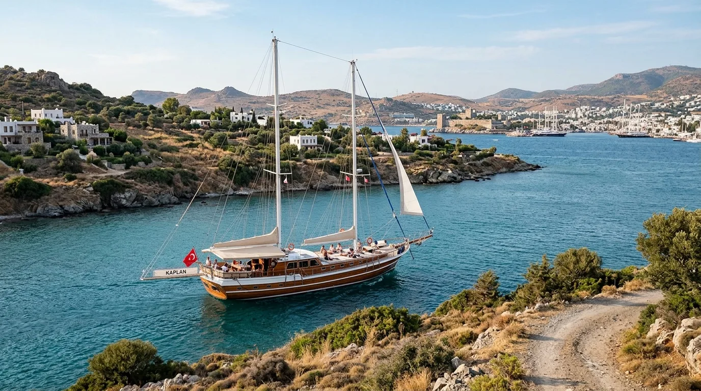 Wooden gulet sailing Bodrum bays