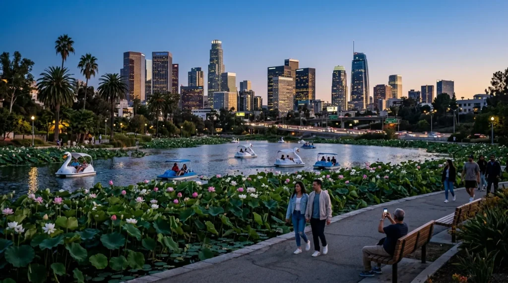 Echo Park Lake skyline view in Los Angeles