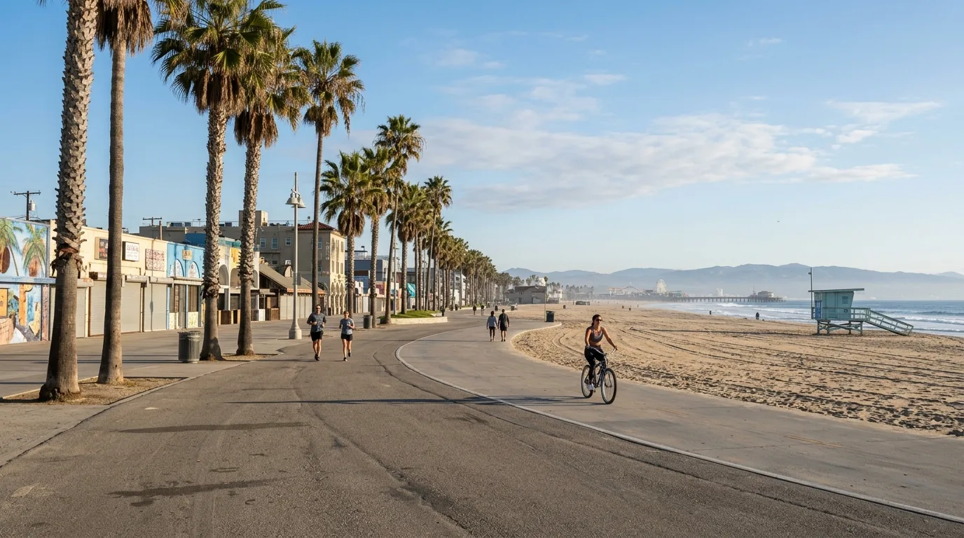 Venice Beach boardwalk and palms in Los Angeles