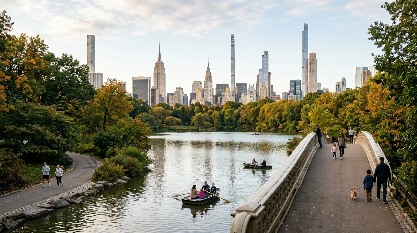 Families visiting Central Park lake in New York