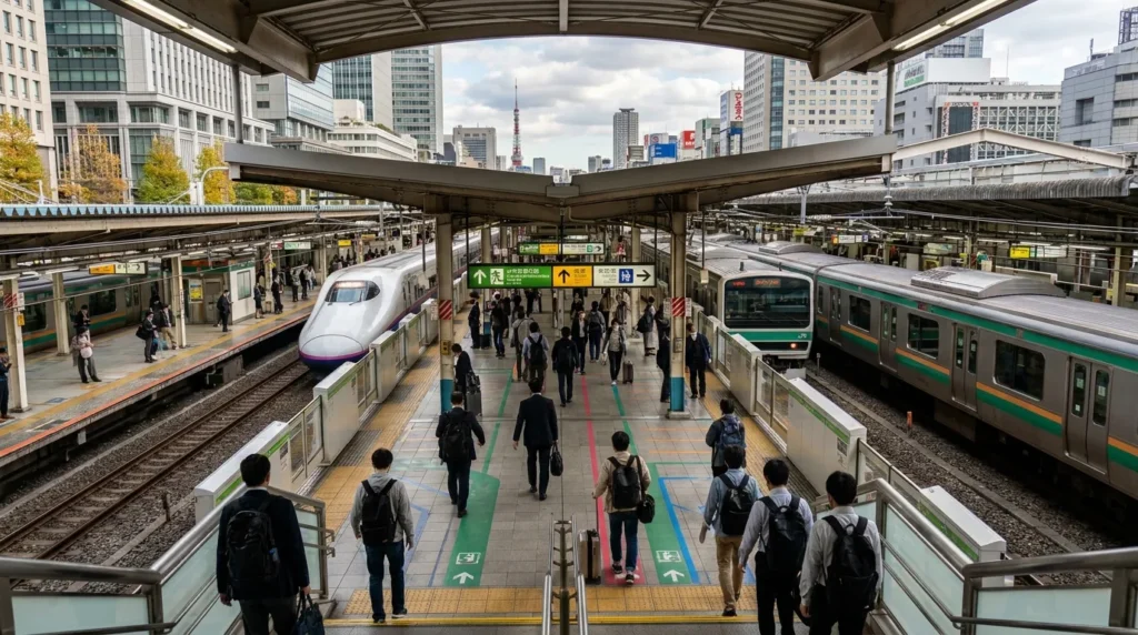 People on Tokyo railway platform