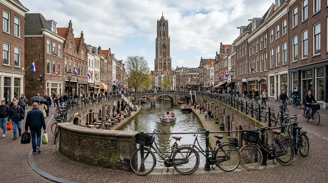 Bicycles along Utrecht canal in Netherlands