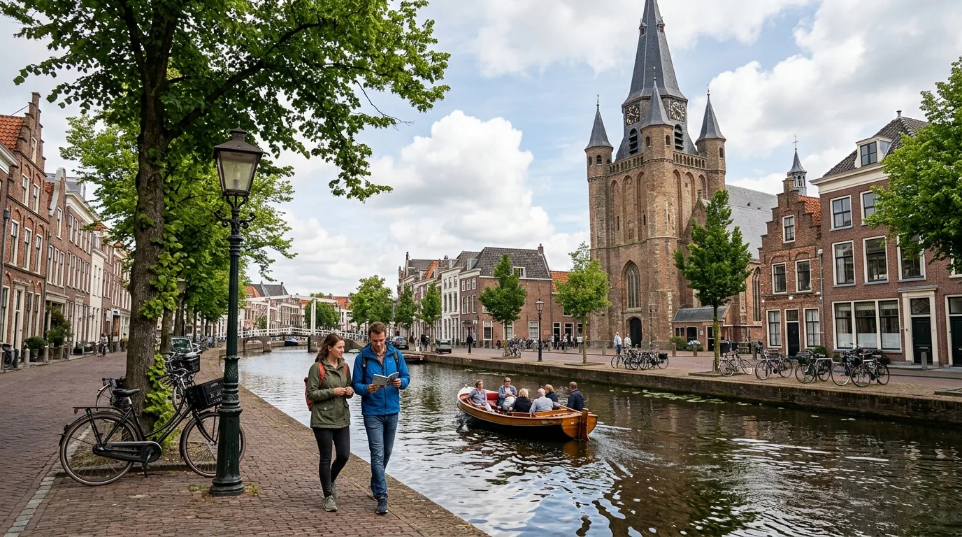 Delft canal and church tower in Netherlands