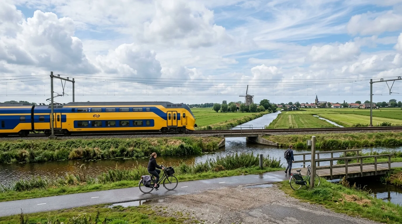 Train crossing Dutch polder in Netherlands