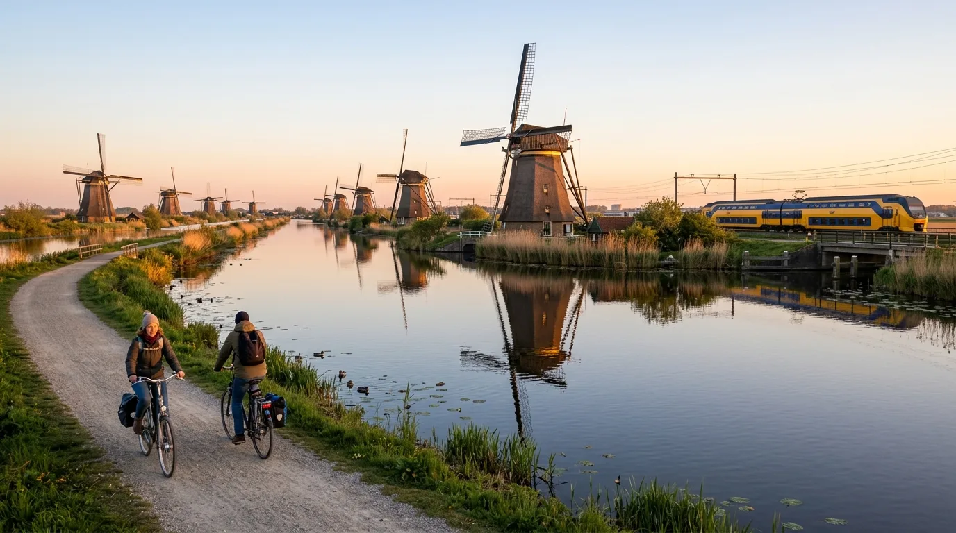 Windmills beside canals at sunrise in Netherlands