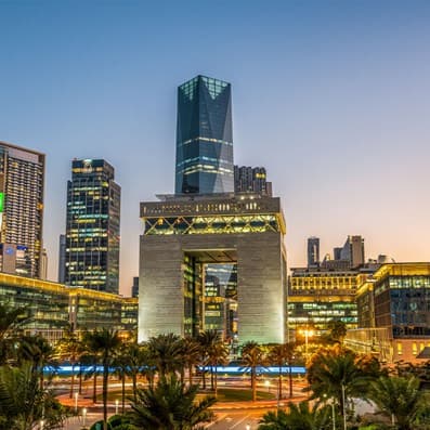 DIFC Gate Village at dusk in Dubai