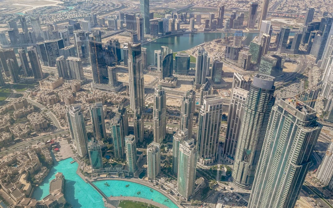Aerial view of Downtown Dubai with Burj Khalifa and Dubai Fountain lake