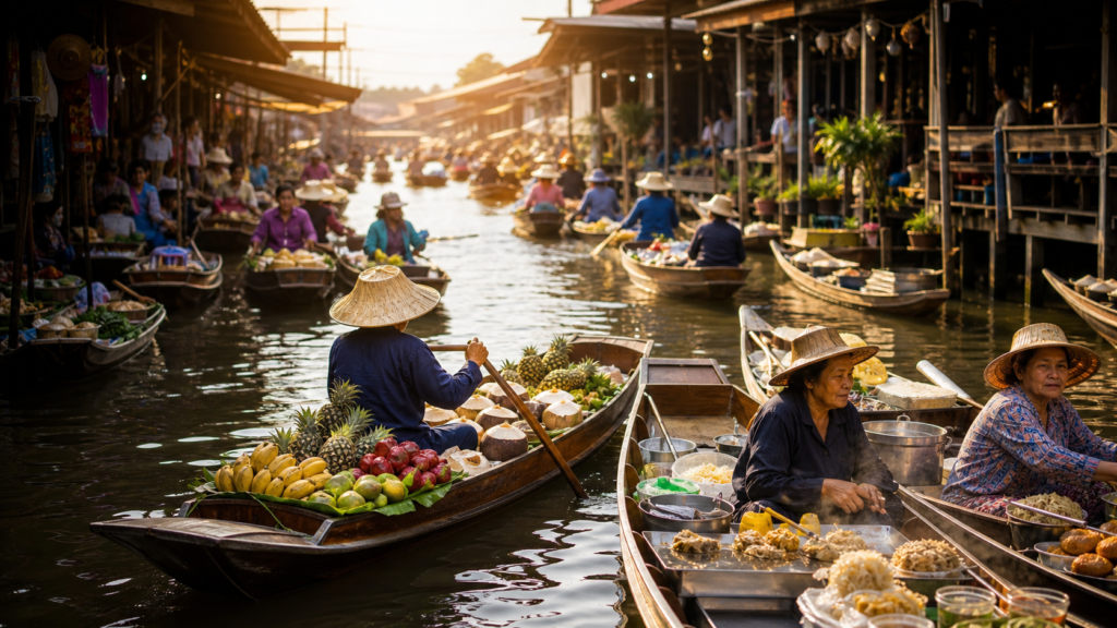 Traditional floating market boat scene near Bangkok