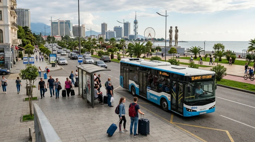 Airport bus arriving near boulevard in Batumi