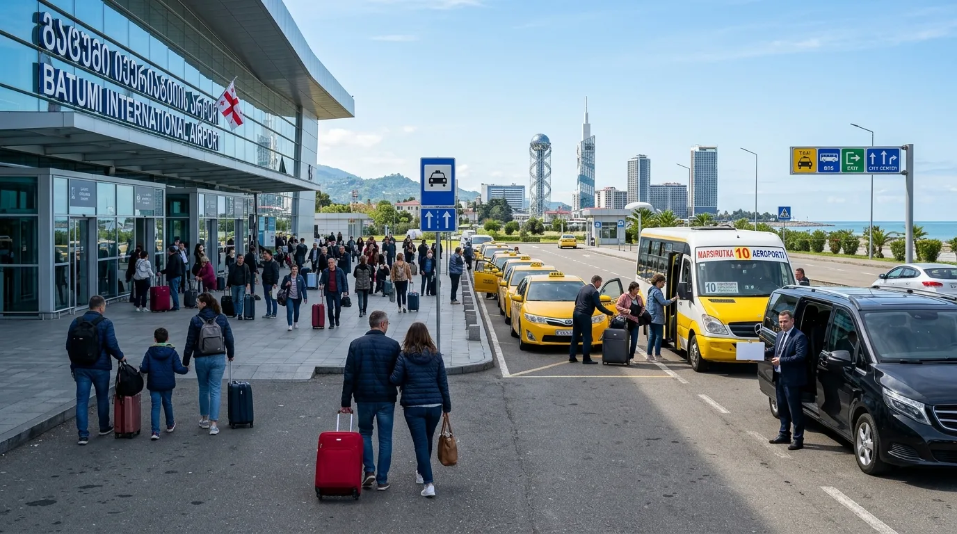 Travelers with luggage at airport in Batumi
