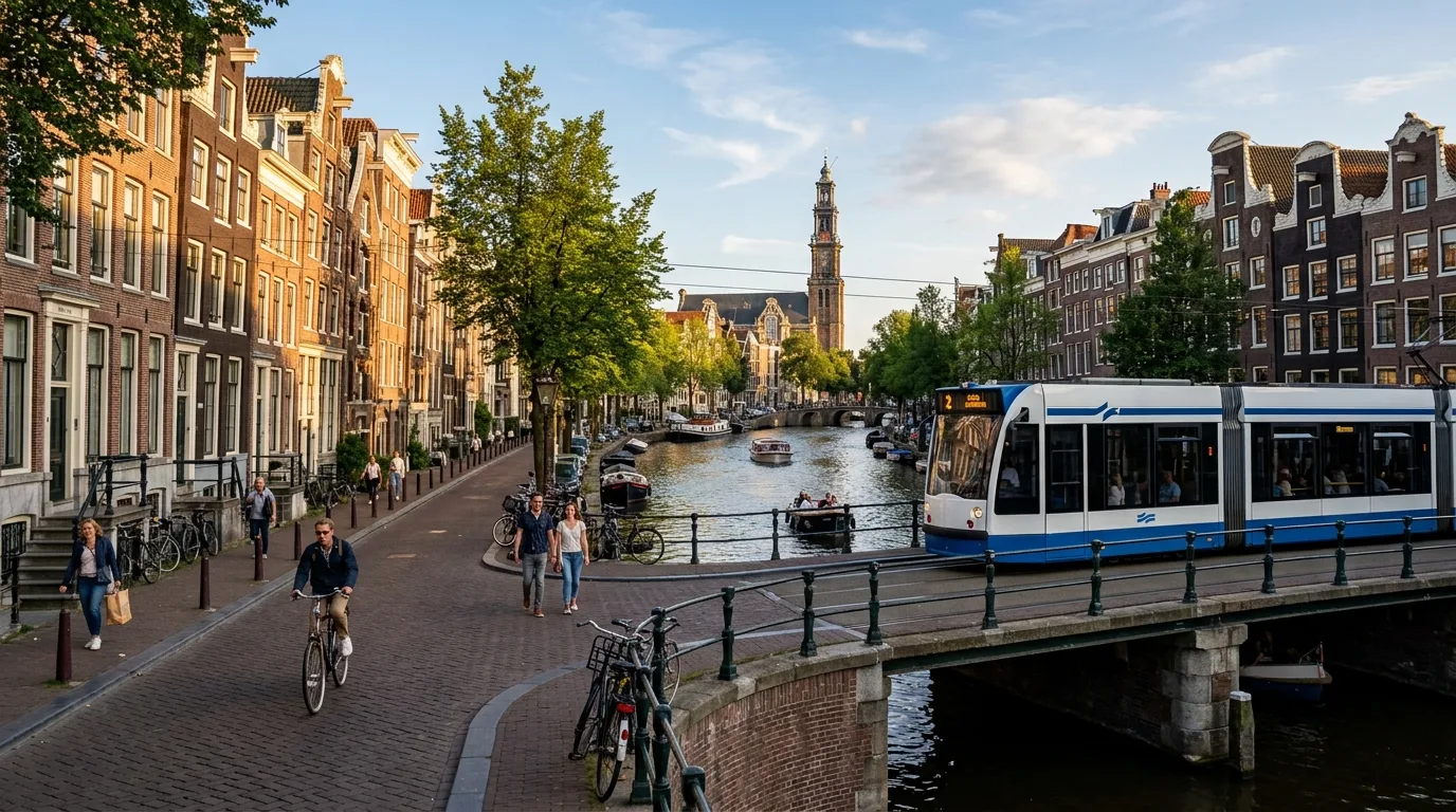Tram passing historic canal houses in Netherlands