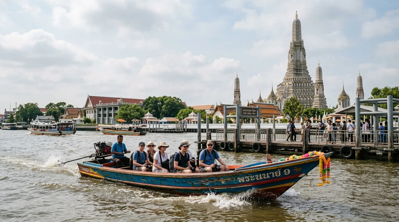 Boat approaching riverside in Bangkok