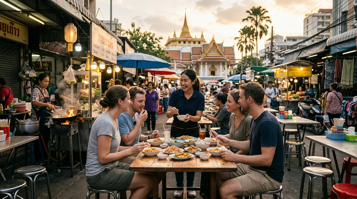 People tasting street food in Bangkok