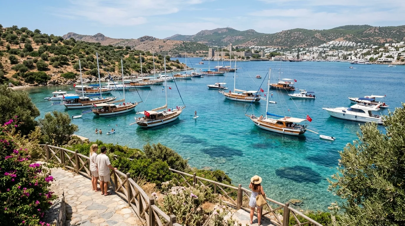 Boats anchored in Aquarium Bay in Bodrum