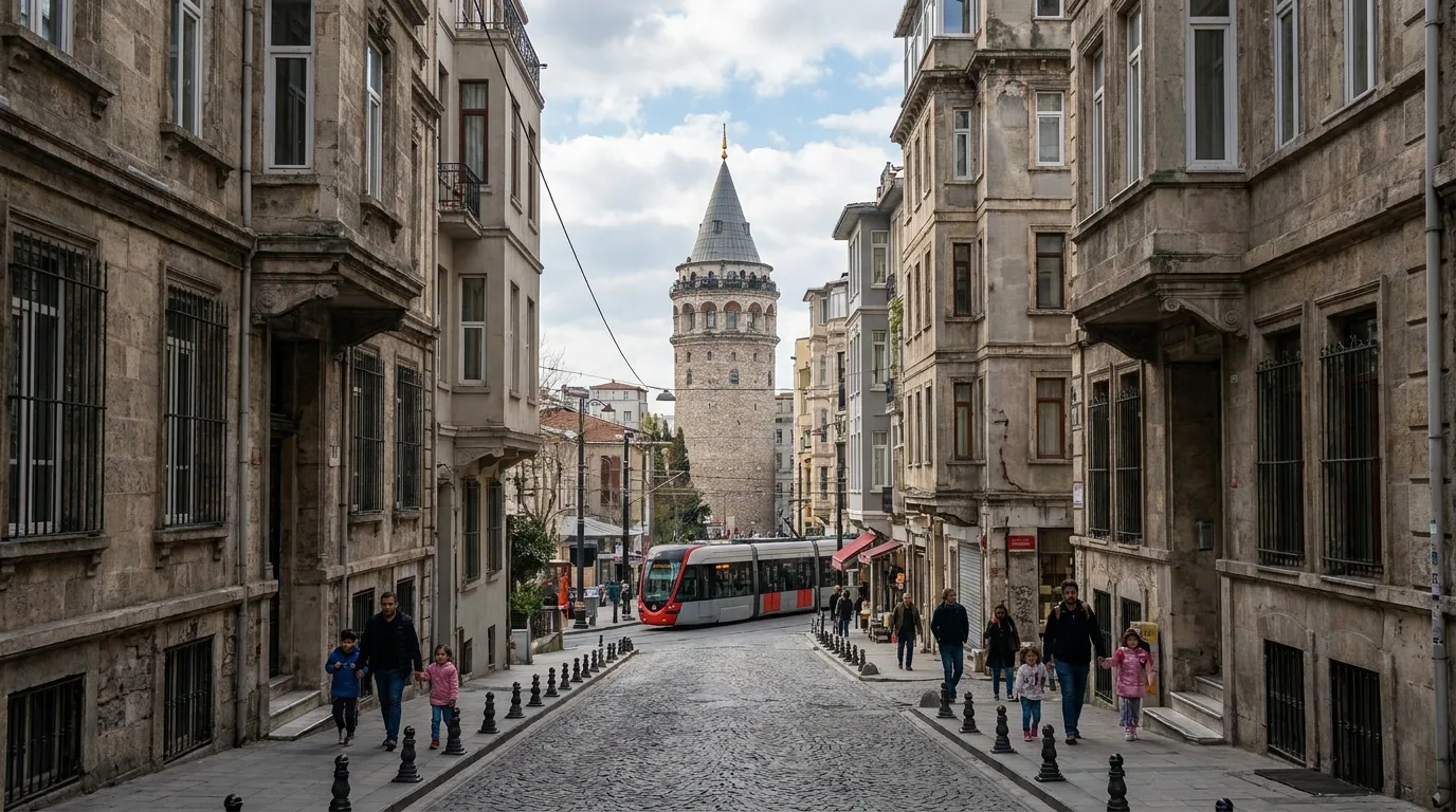 Galata Tower viewed from street in Istanbul