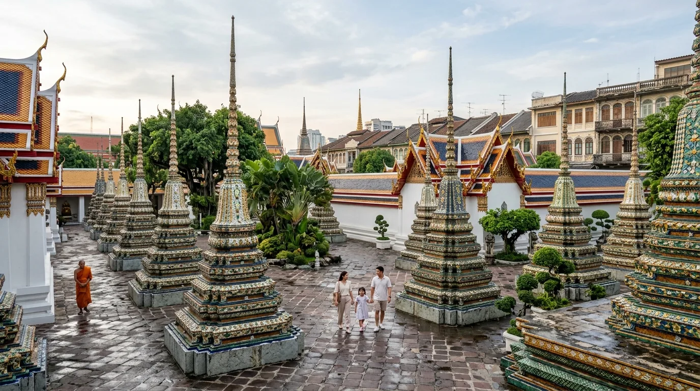 People visiting Wat Pho courtyards in Bangkok