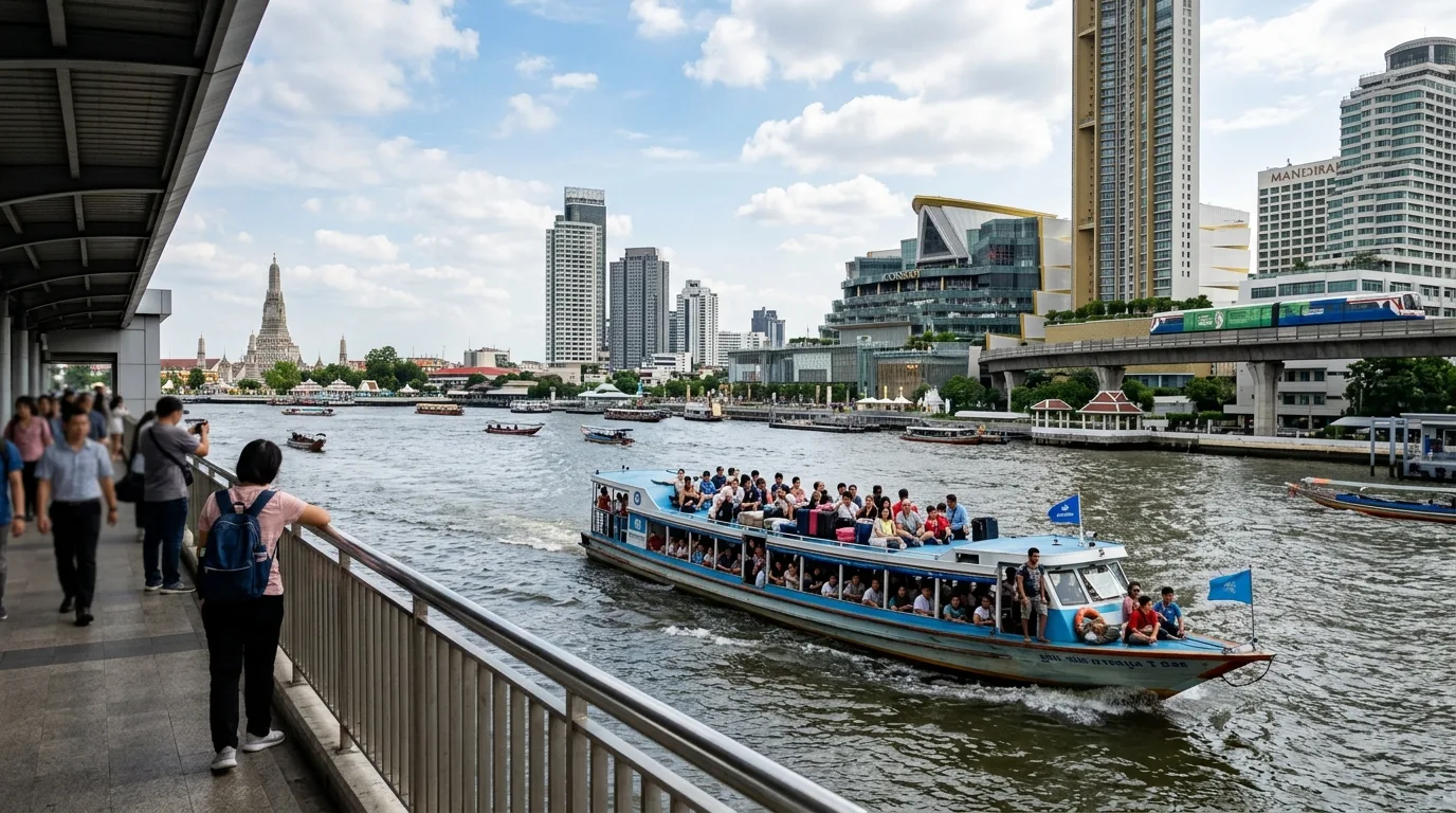 Riverboat passing Bangkok skyline