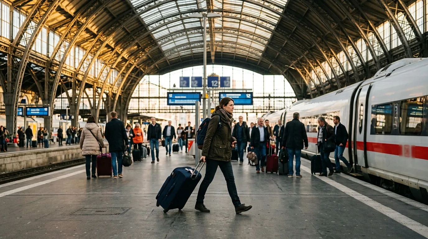 Traveler arriving at train station in Germany