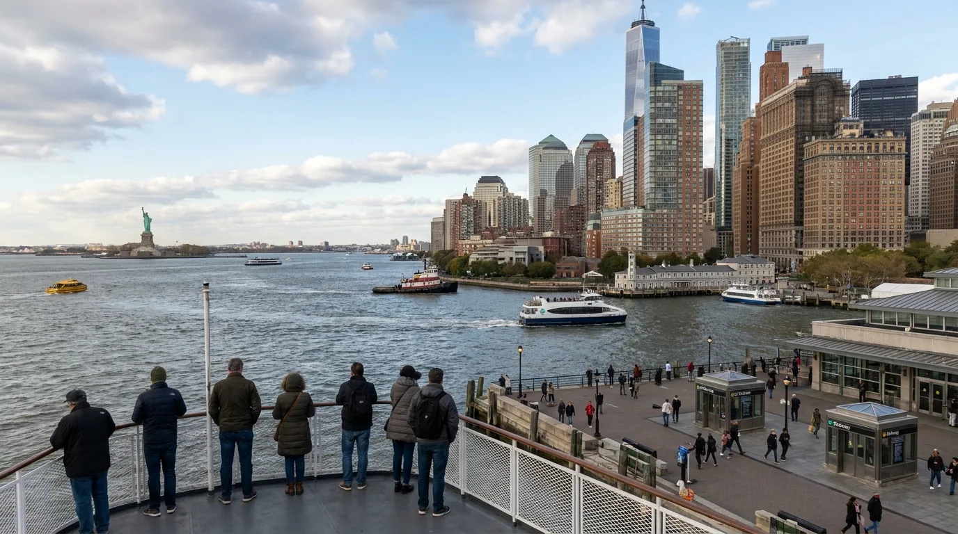 Lower Manhattan skyline and ferry in New York