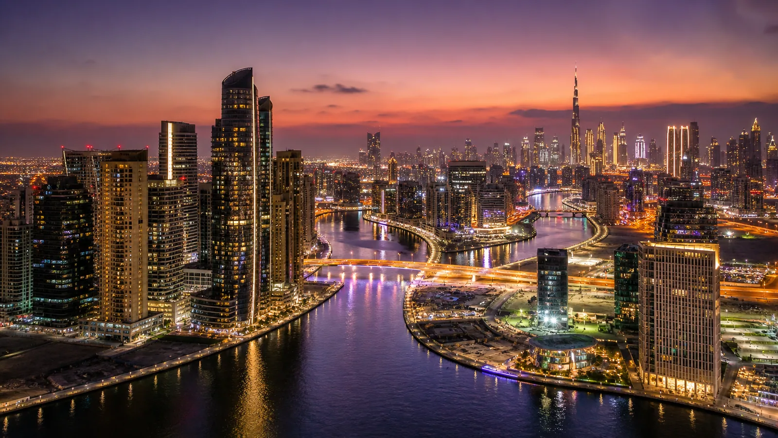 Business Bay canal and towers at night