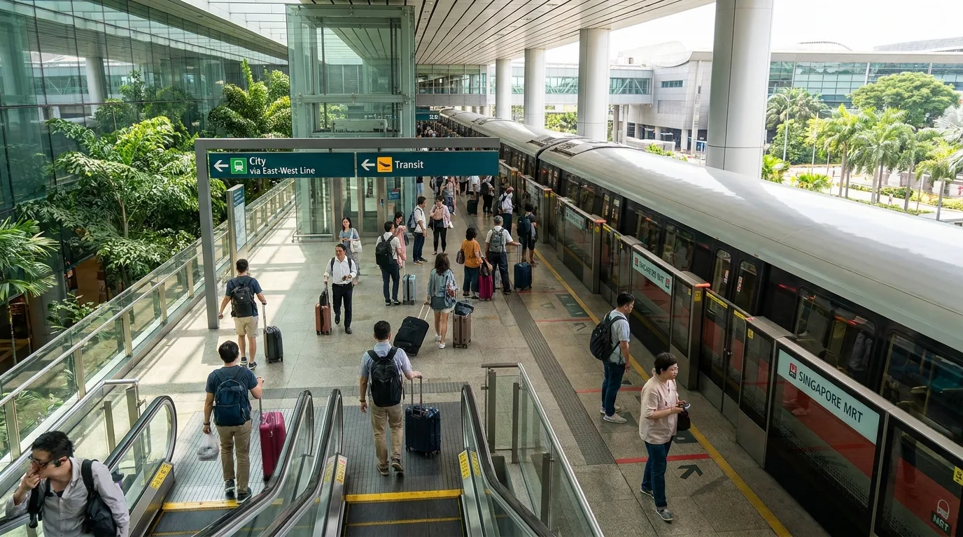 Traveler accessing MRT with luggage in Singapore