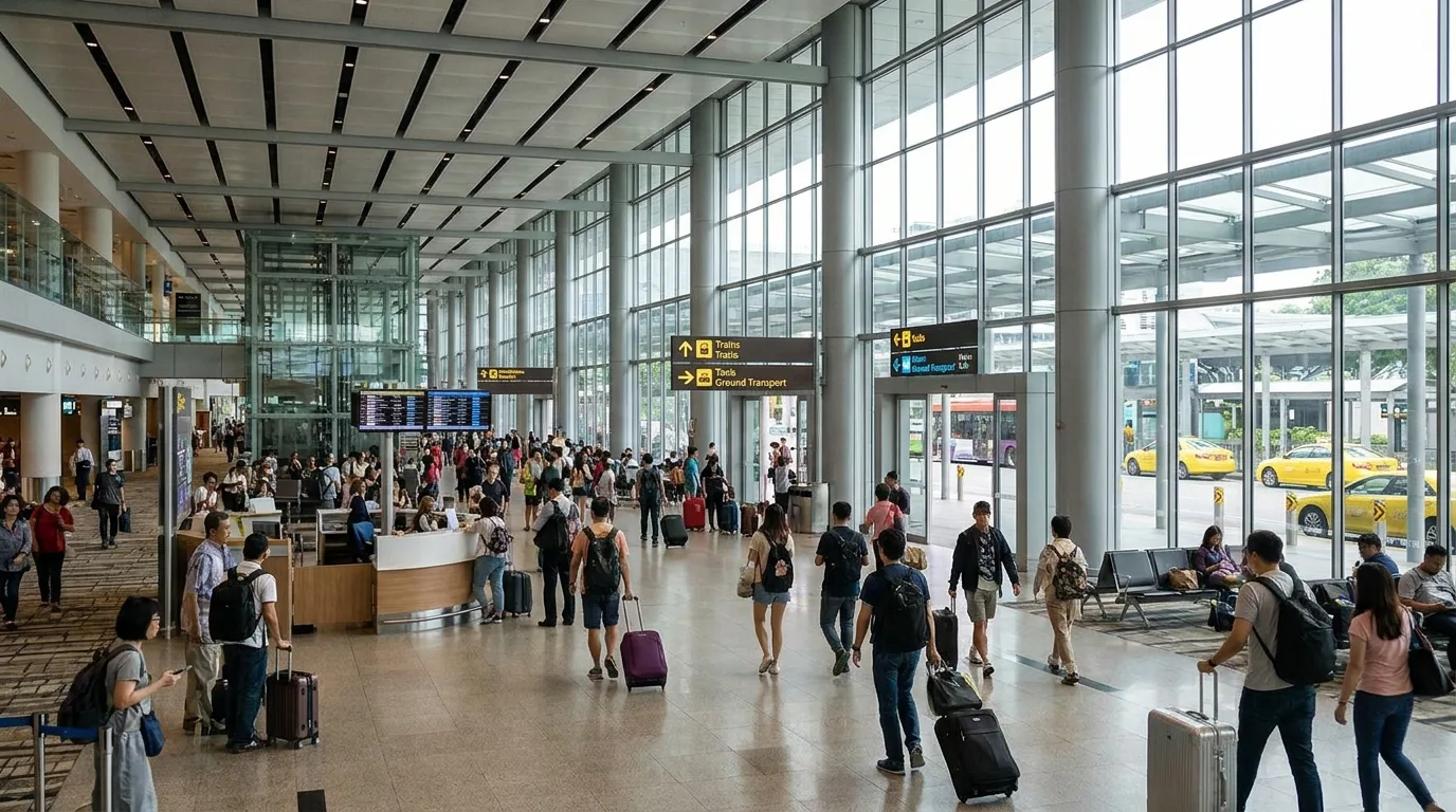 Travellers with luggage in airport in Singapore