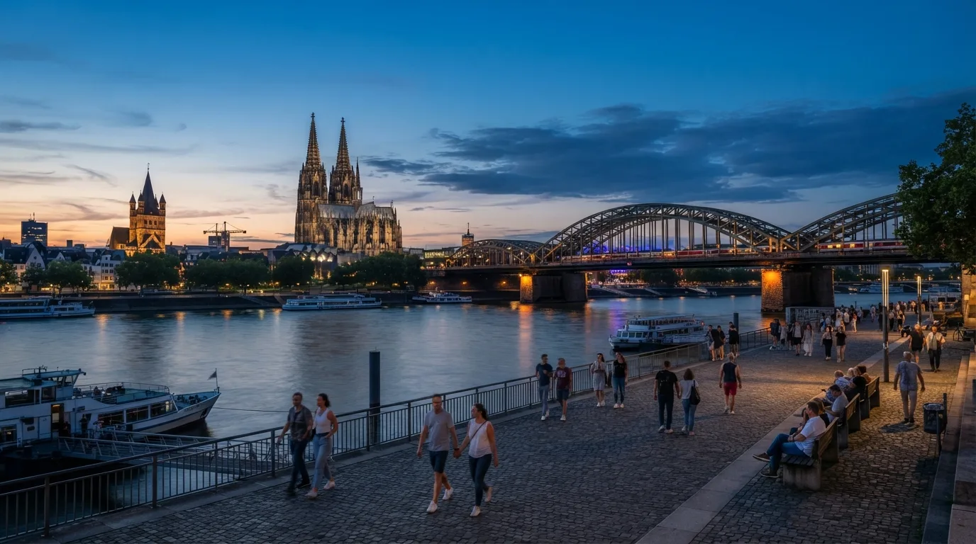Cologne Rhine promenade sunset in Germany