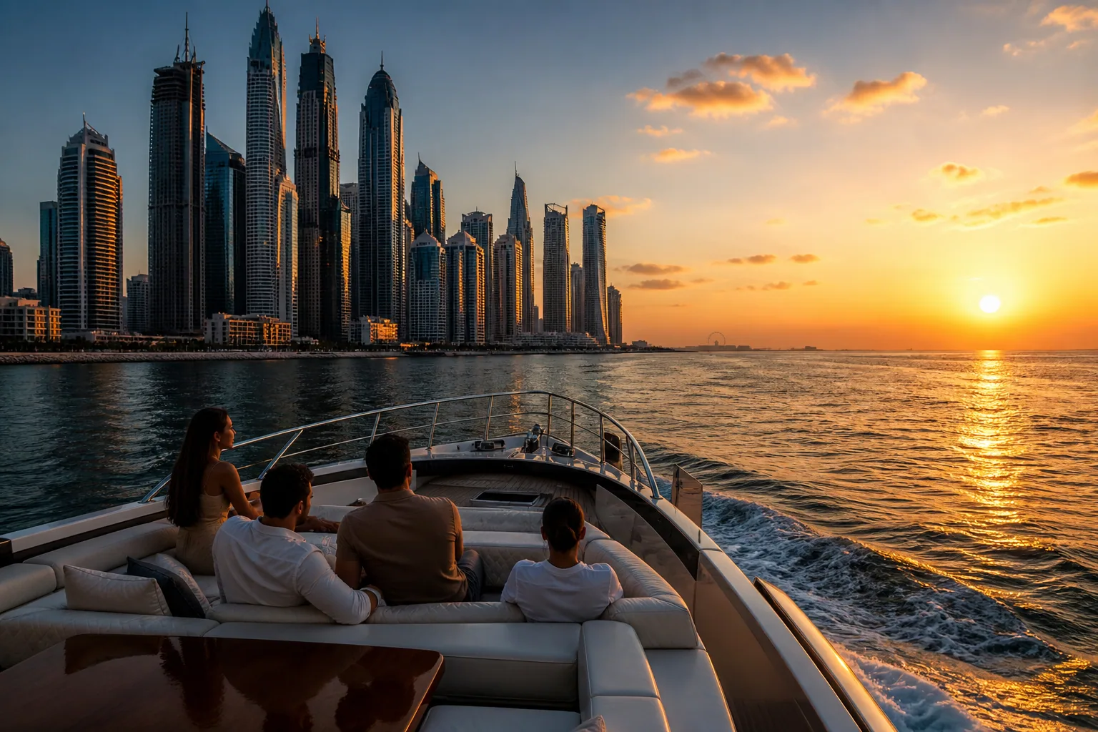 Yacht cruise in Dubai Marina at sunset
