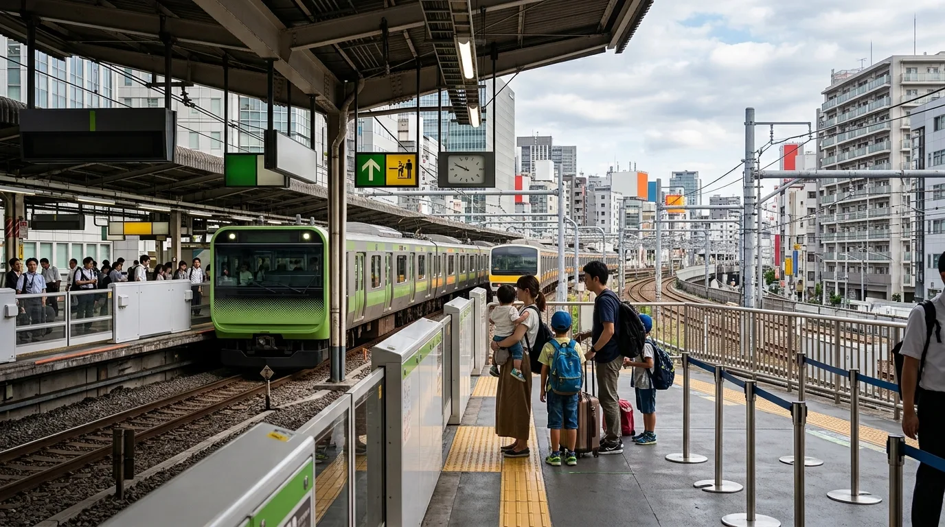 Travelers on Tokyo railway platform