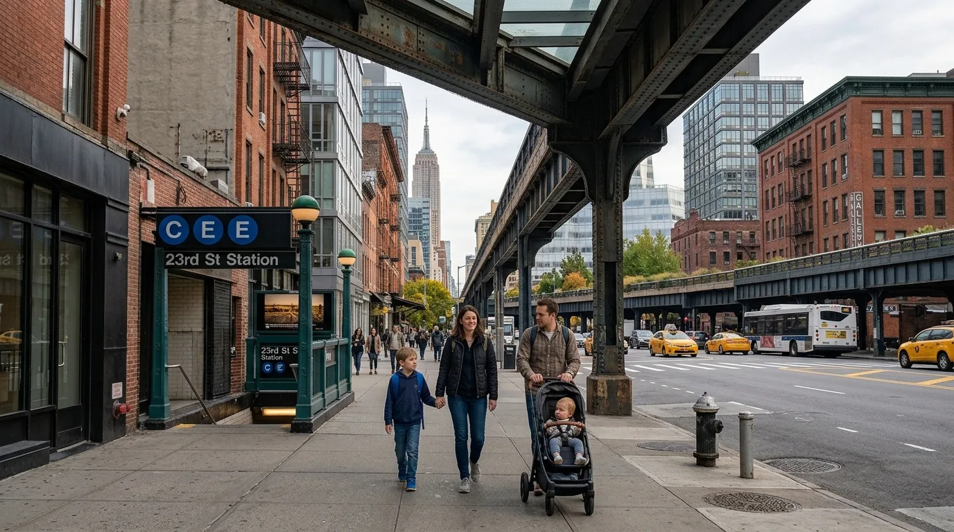 Travelers walking High Line path in New York