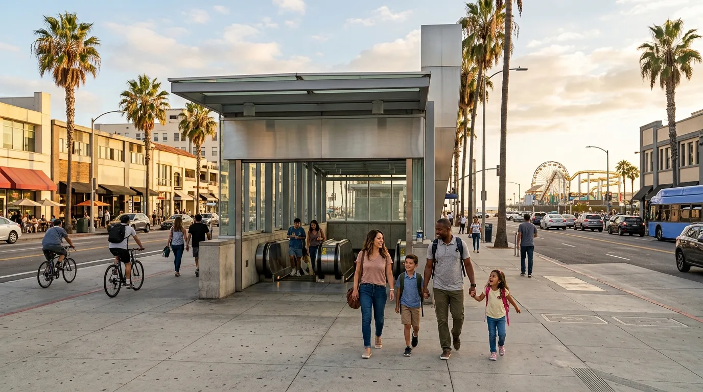 Travelers at metro station entrance in Los Angeles