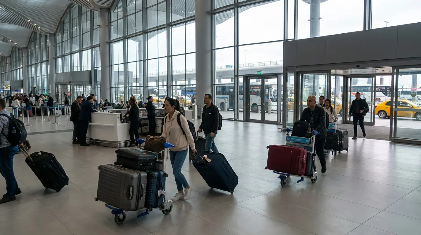 Travelers with luggage at airport in Istanbul