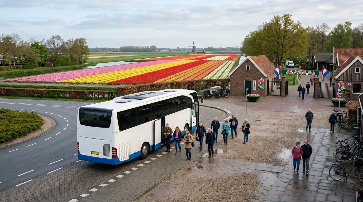 Coach arriving in tulip season in Netherlands