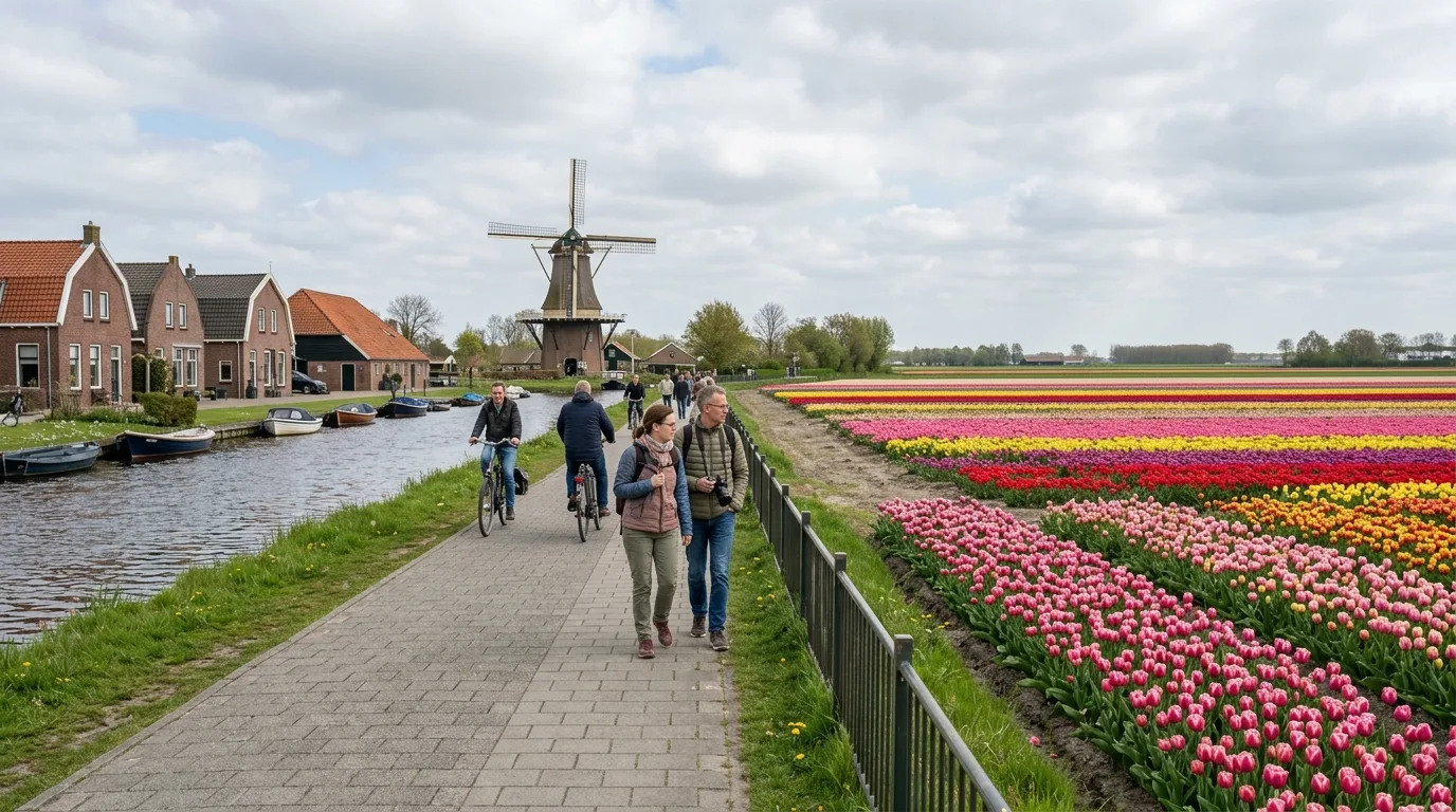 Visiting tulip fields near Lisse in Netherlands