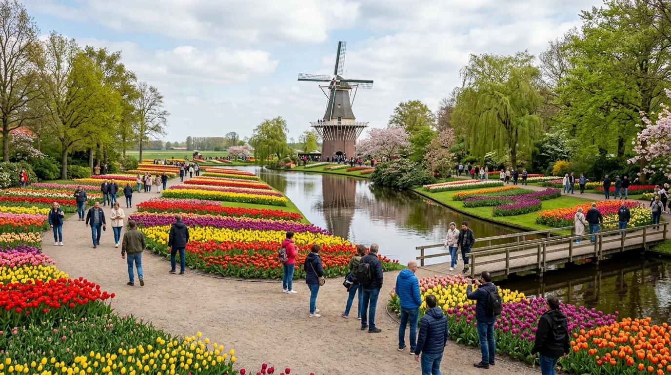 Visiting tulip gardens in spring in Netherlands