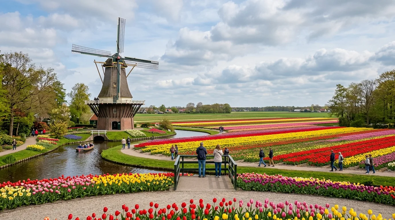Windmill beside spring flower in Netherlands