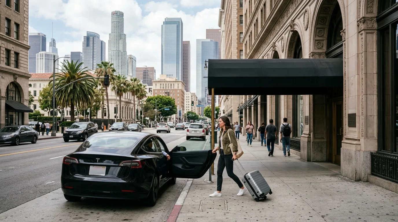 Traveler arriving at hotel in Los Angeles