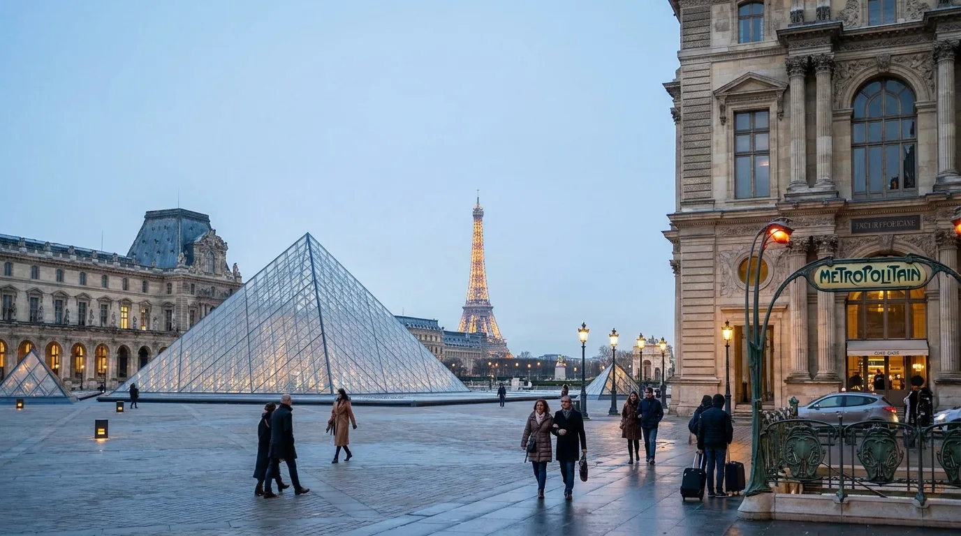 Louvre Pyramid and palace courtyard in Paris