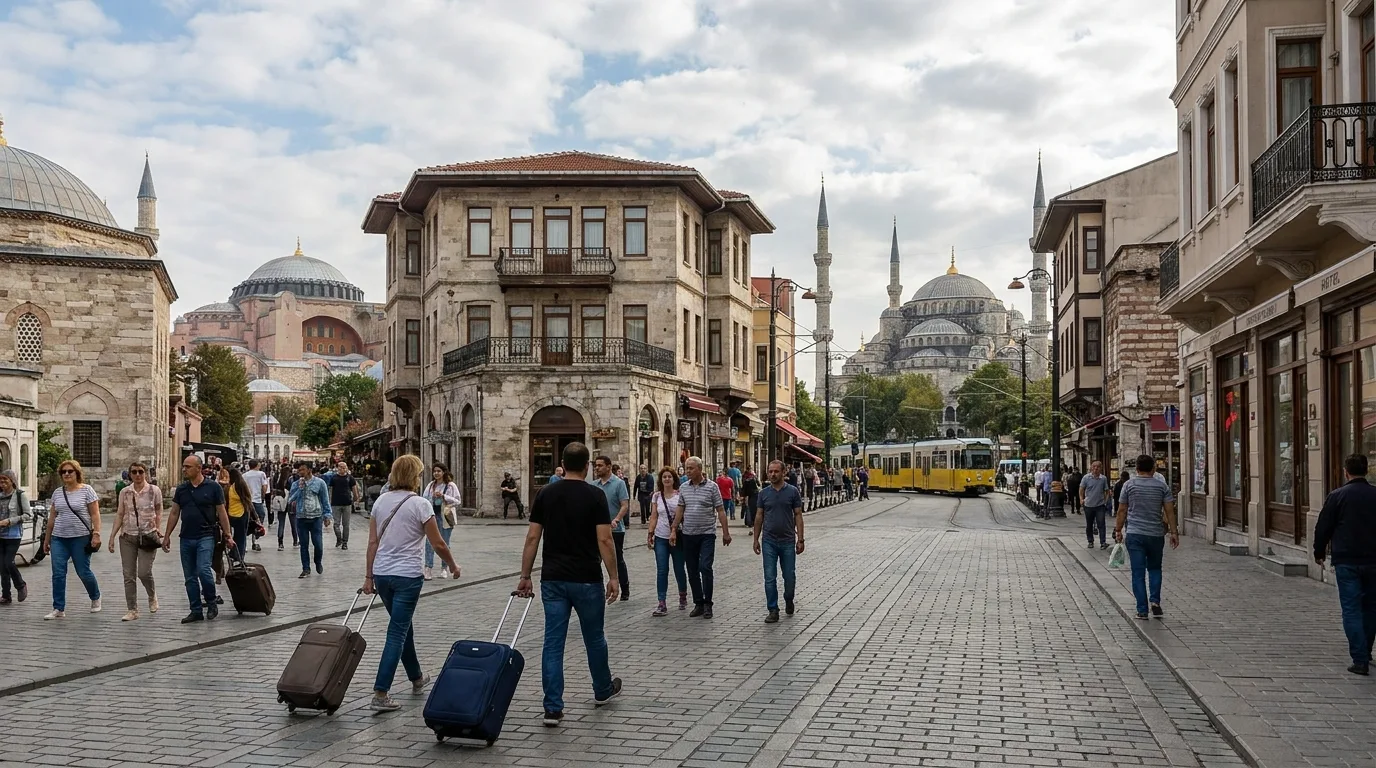 Traveler viewing historic skyline in Istanbul
