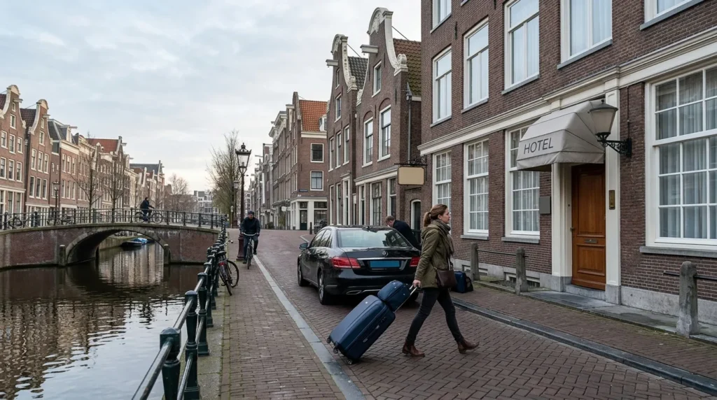 Arriving at Amsterdam hotel in Netherlands