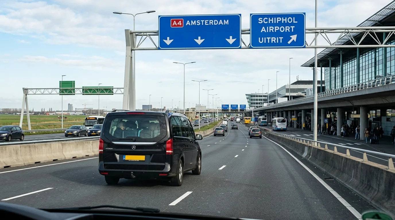 Taxi departing Schiphol Airport in Netherlands