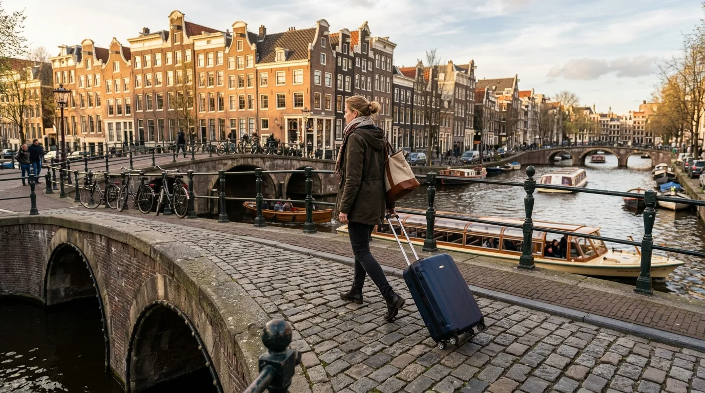 Traveller crossing canal bridge in Netherlands
