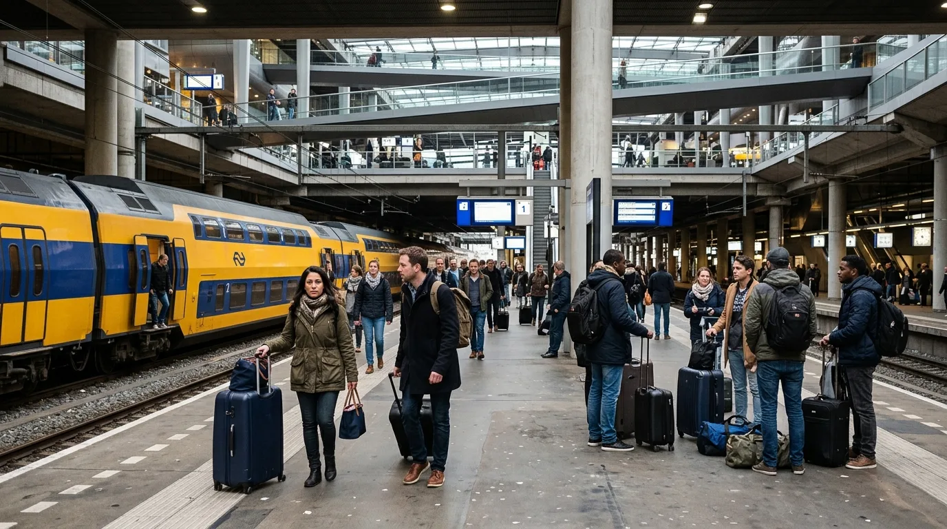 Travellers at airport railway in Netherlands