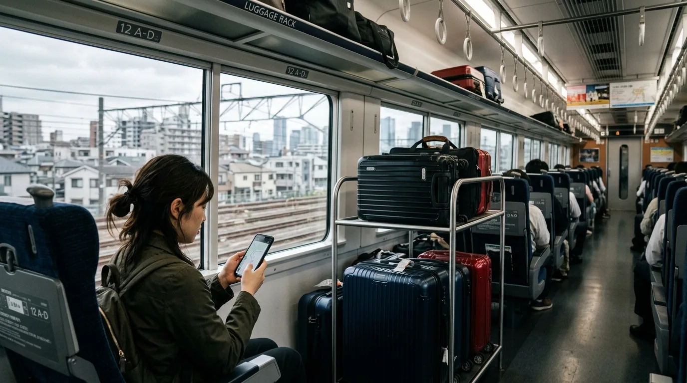 Traveller using phone on train in Tokyo