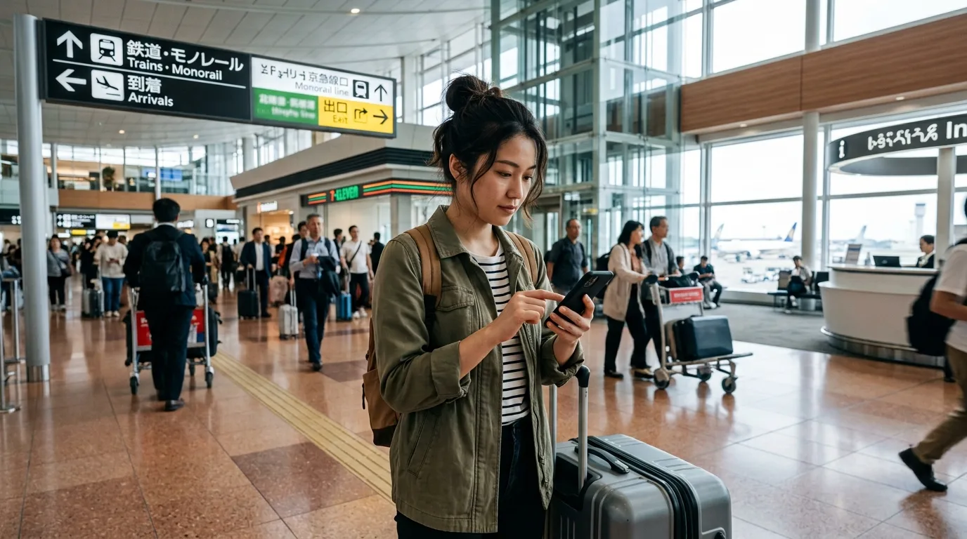 Travellers checking phone at in Tokyo