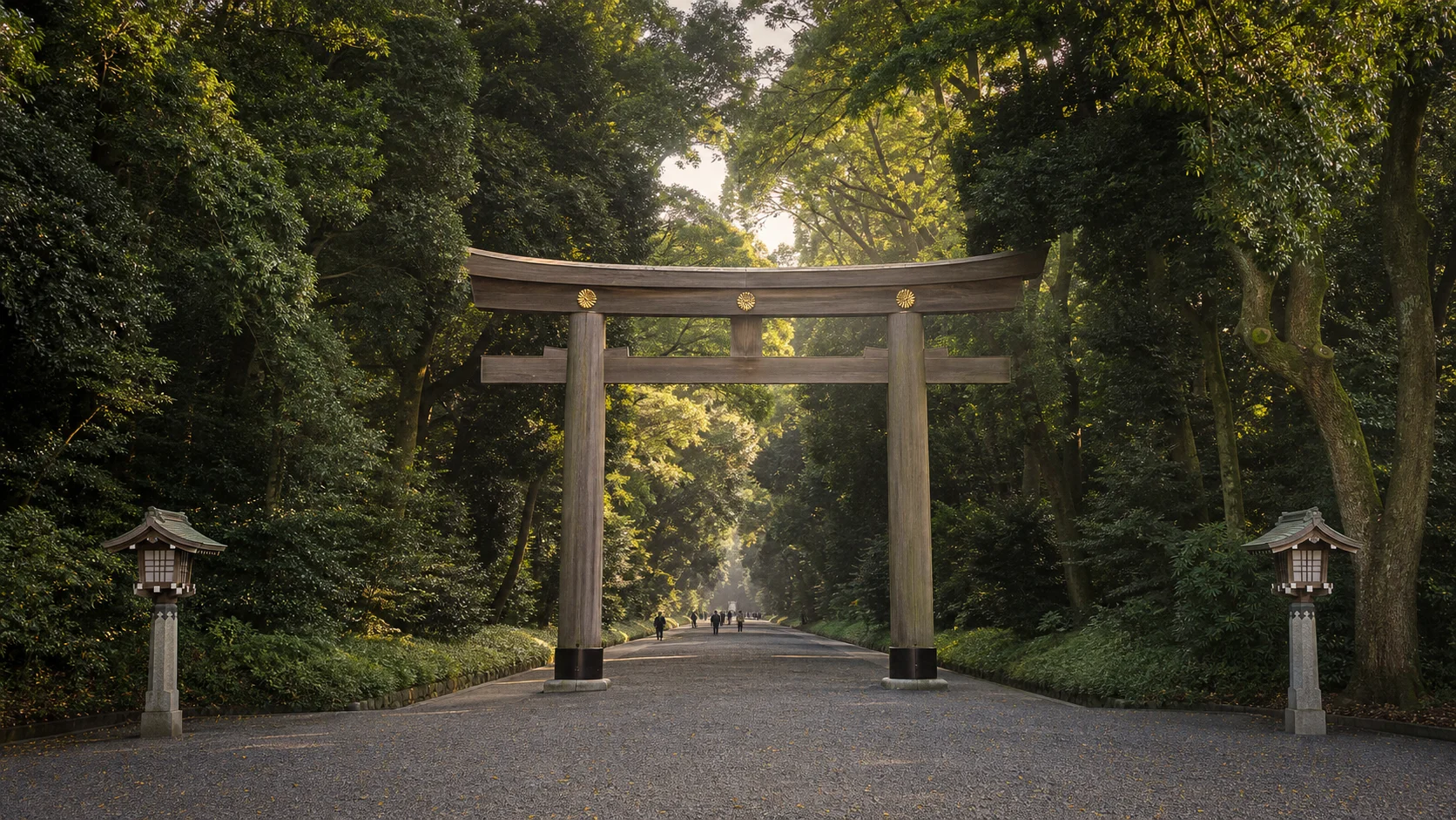 Meiji Shrine entrance surrounded by forest in Tokyo